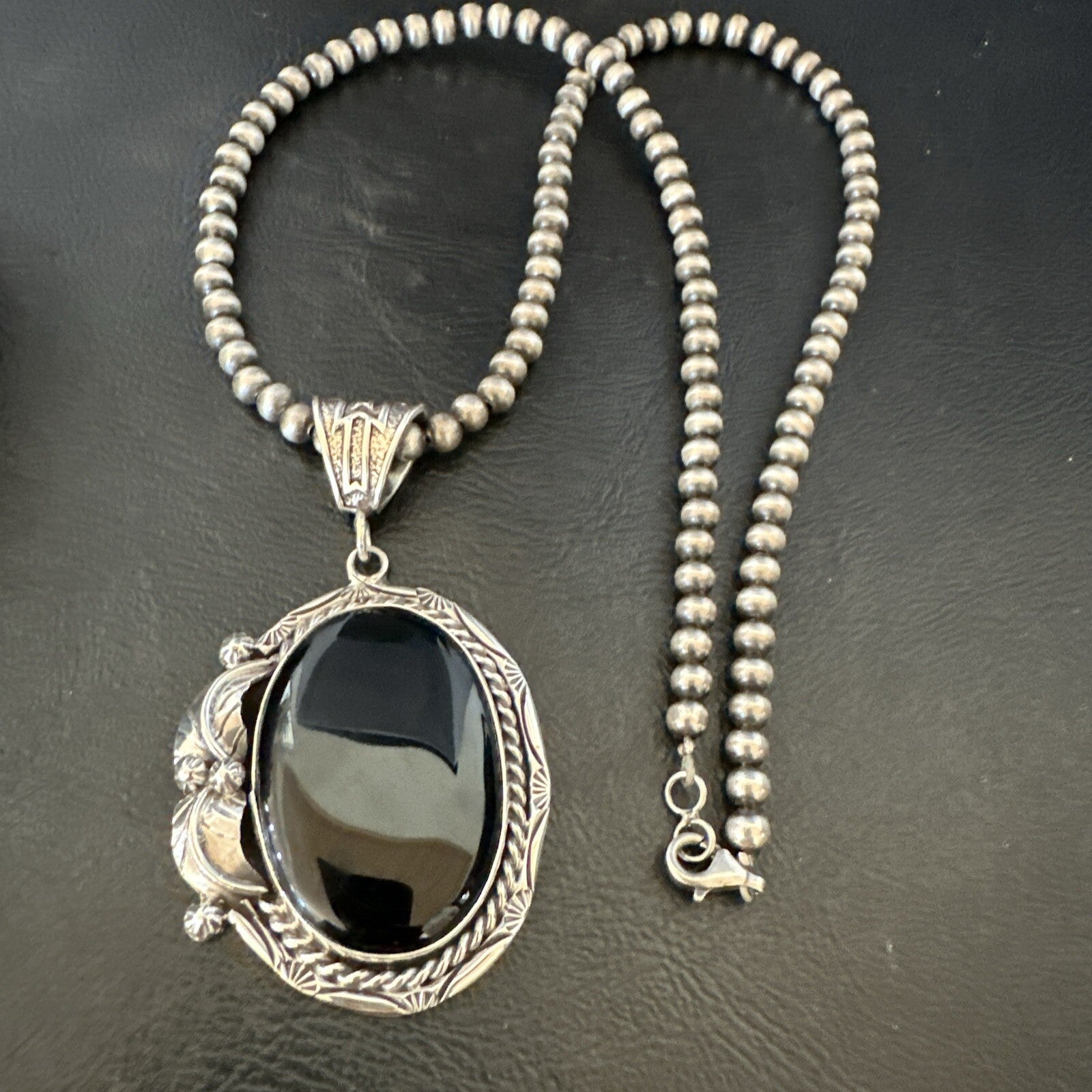 Mens Womens Black Onyx Pendant Navajo Sterling Silver Beads Necklace 18305