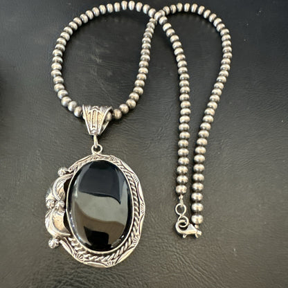 Mens Womens Black Onyx Pendant Navajo Sterling Silver Beads Necklace 18305