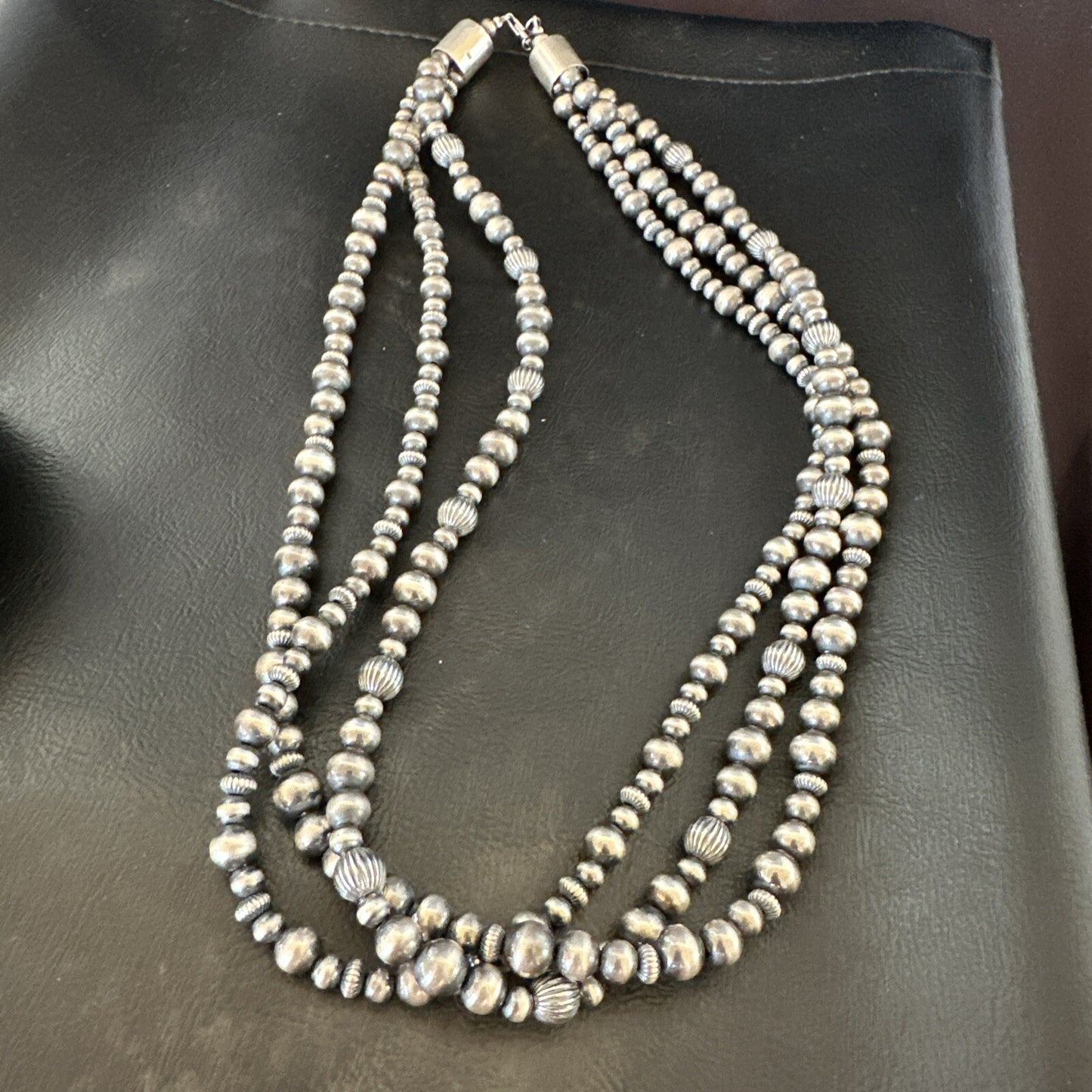 Mixed Bead Sterling Silver Navajo Pearls Necklace 22” 3 Strand 94422
