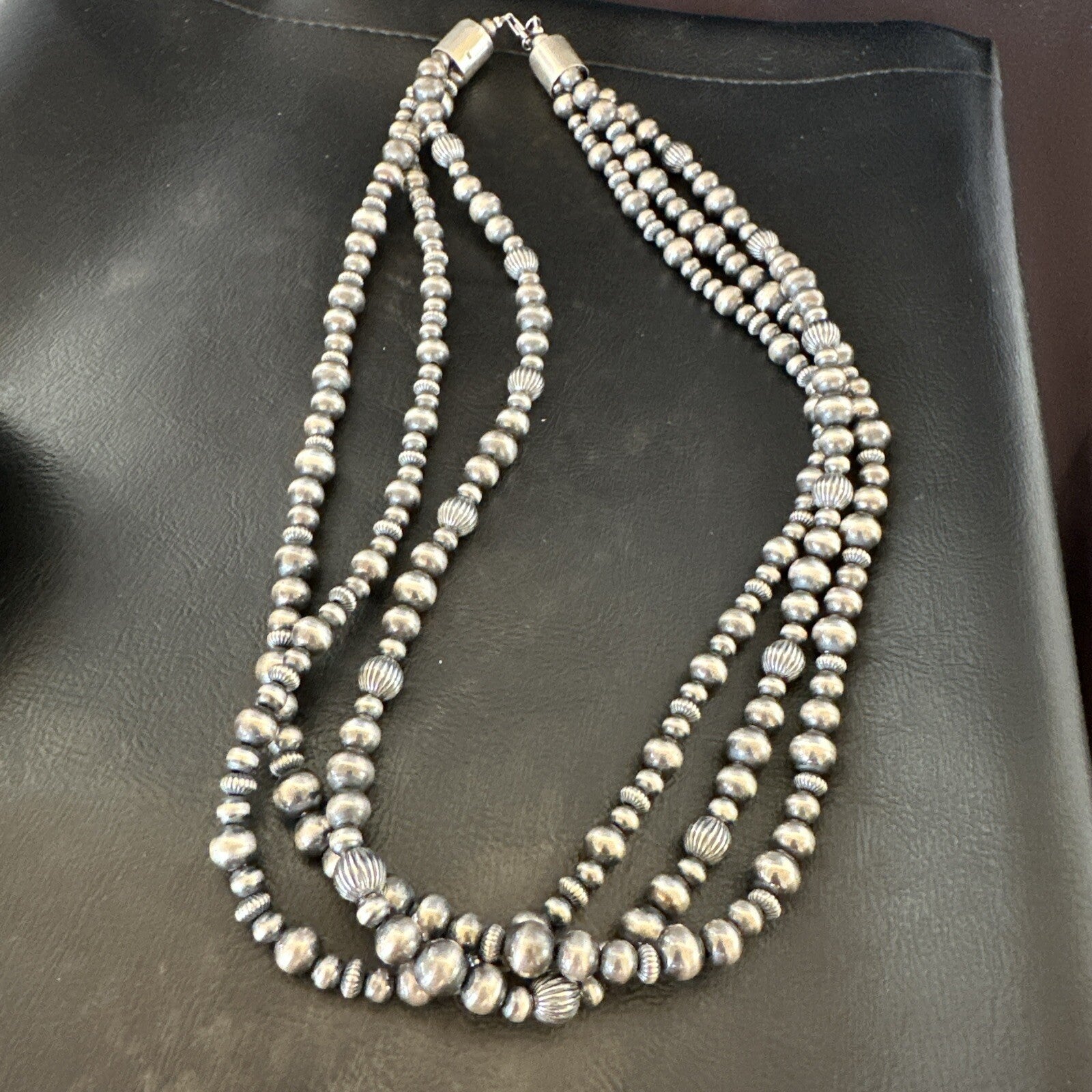 Mixed Bead Sterling Silver Navajo Pearls Necklace 22” 3 Strand 94422