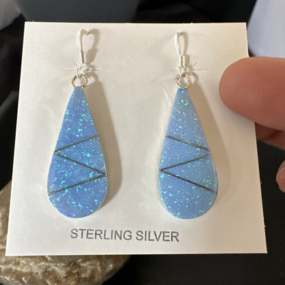 Blue Faux Opal Dangle Inlay Navajo Sterling Silver Earrings 19263