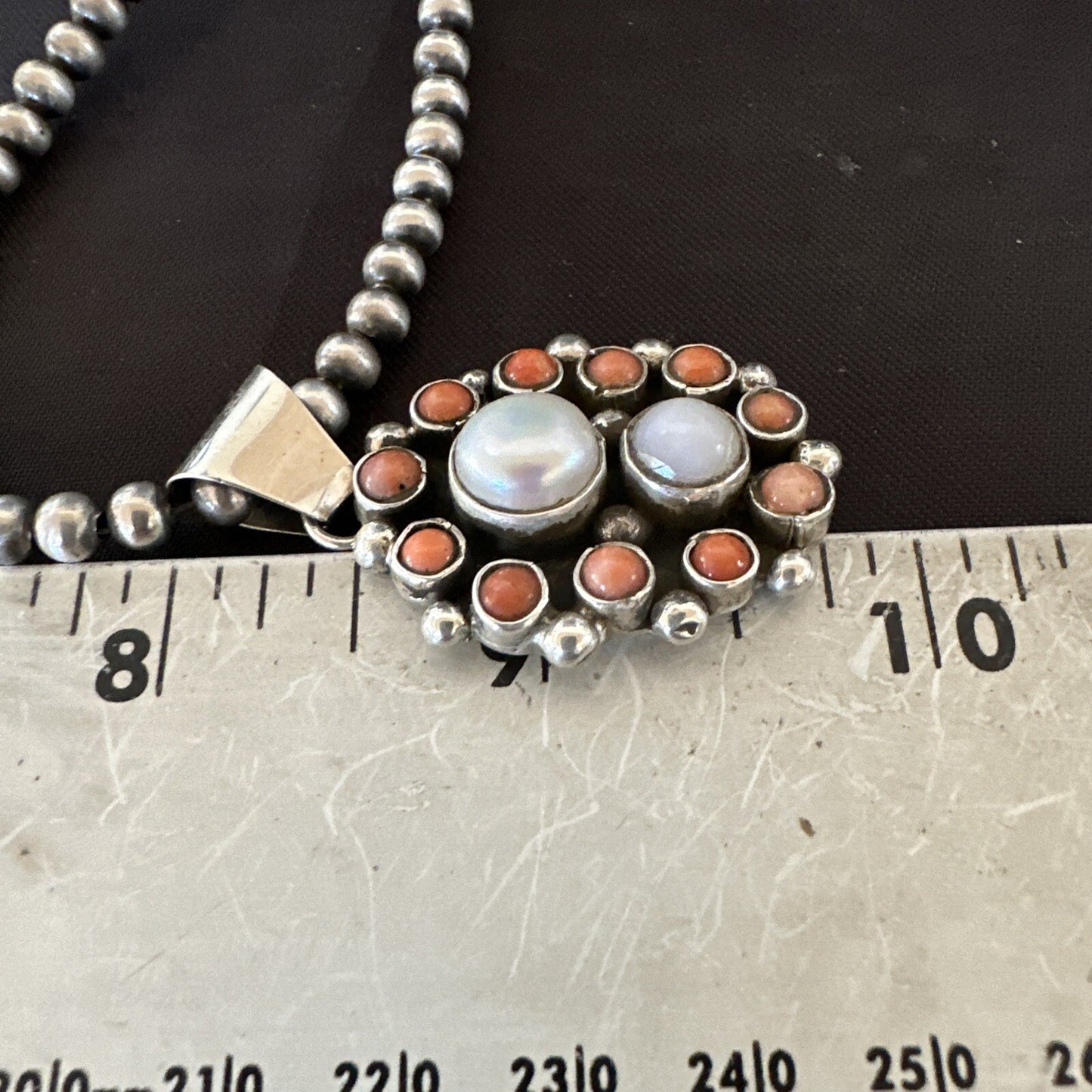 Pink Coral White Pearl Navajo Sterling Silver Cluster Pendant 1.5” 18402