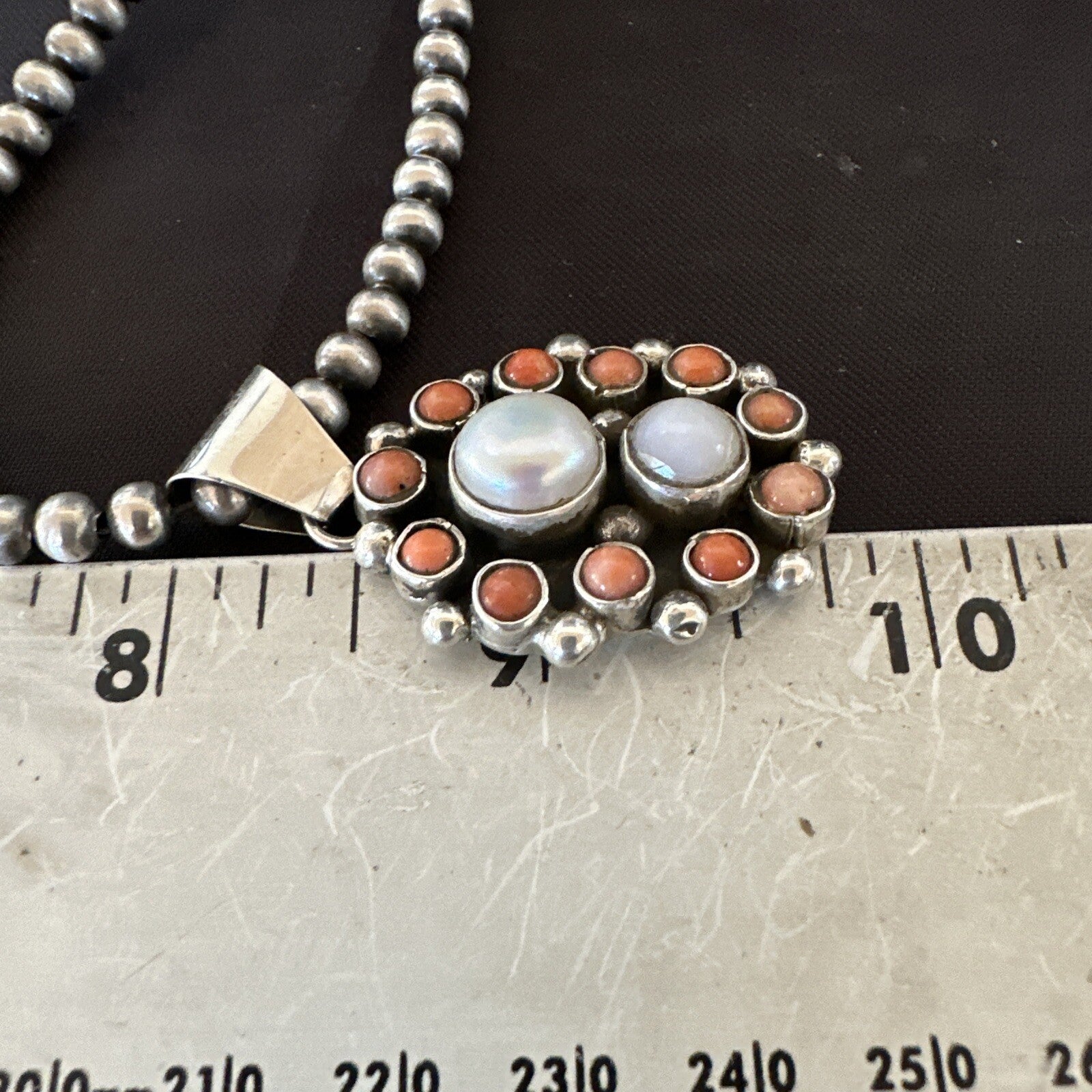 Pink Coral White Pearl Navajo Sterling Silver Cluster Pendant 1.5” 18402