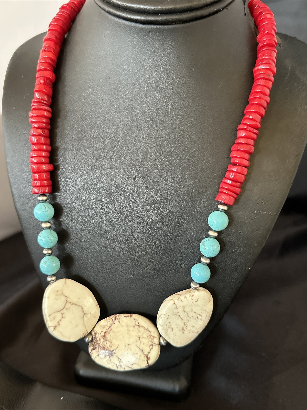 Mens Wild Horse Blue Turquoise Red Coral Navajo Sterling Silver Necklace 17980