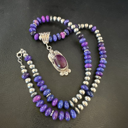 Purple Stone Pendant Navajo Pearls Sterling Silver Necklace 21” 18033
