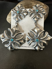Womens Stamped Blue Turquoise Dangle Earrings Navajo Sterling Silver 19784