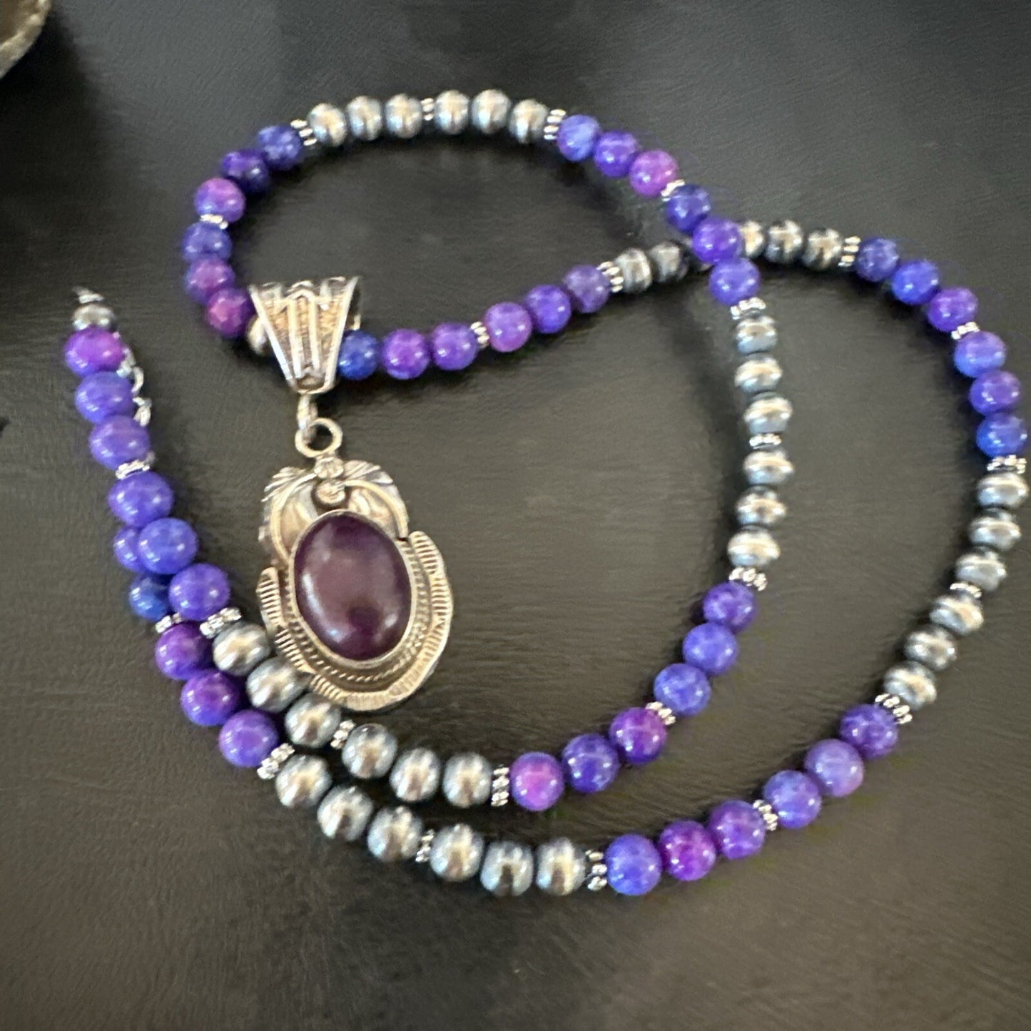 Purple Stone Pendant Navajo Pearls Sterling Silver Necklace 18386