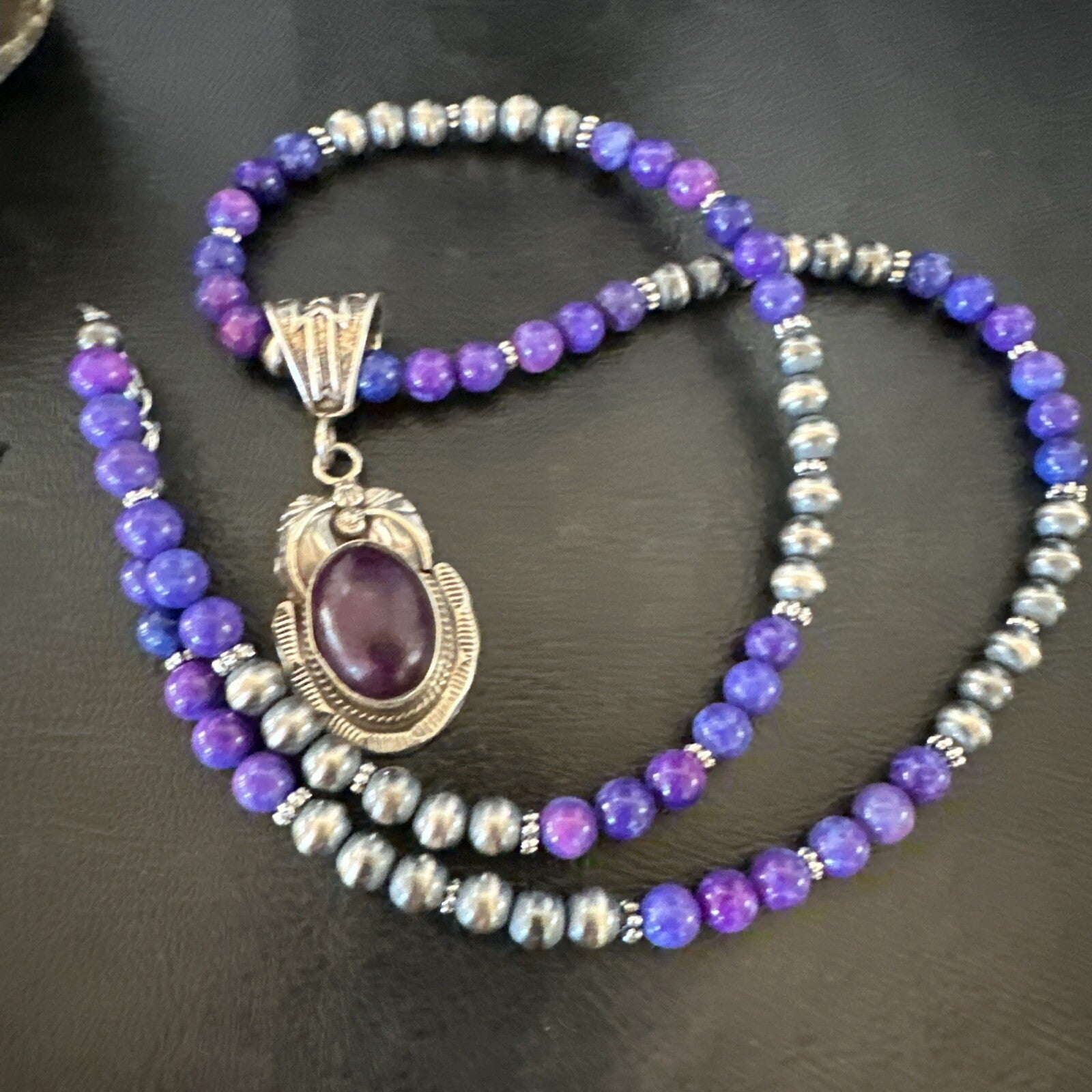 Purple Stone Pendant Navajo Pearls Sterling Silver Necklace 18386