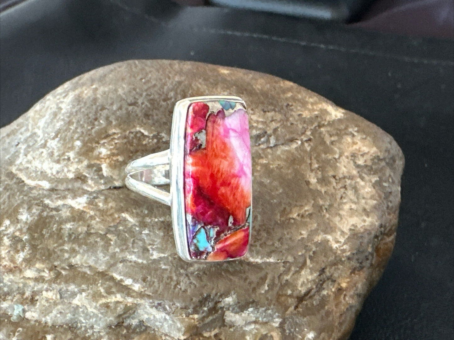 Blue Turquoise Spiny Oyster Southwestern Sterling Silver Ring Size 9 18465