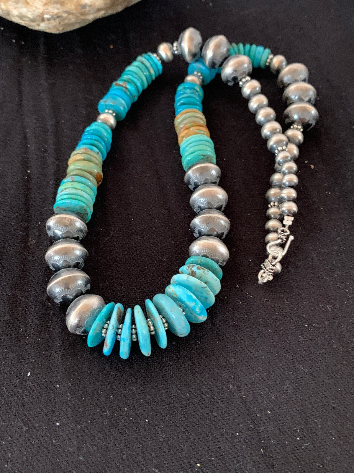 Blue Green Turquoise Beads Navajo Pearls Sterling Silver Necklace 4697