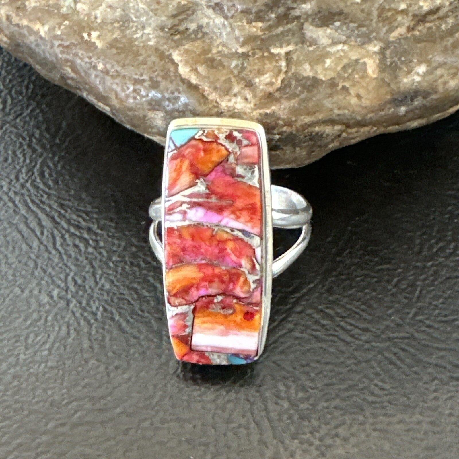 Blue Turquoise Purple Spiny Oyster Navajo Sterling Silver Ring Size 8 18218