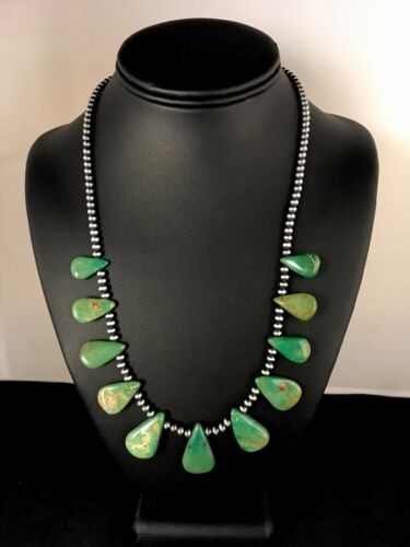 Navajo Green Turquoise Teardrop Necklace Handmade | Sterling Silver | Authentic Native American Handmade | 8744