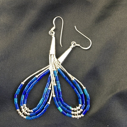 Blue Lapis 3 Strand Heishi Liquid Sterling Silver Dangle Earrings 2013