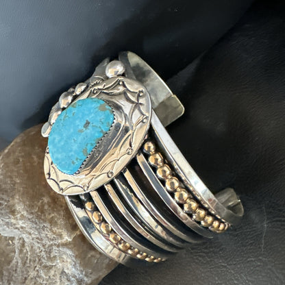 Blue Turquoise Navajo Sterling Silver Cuff Bracelet 12K Gold 19131
