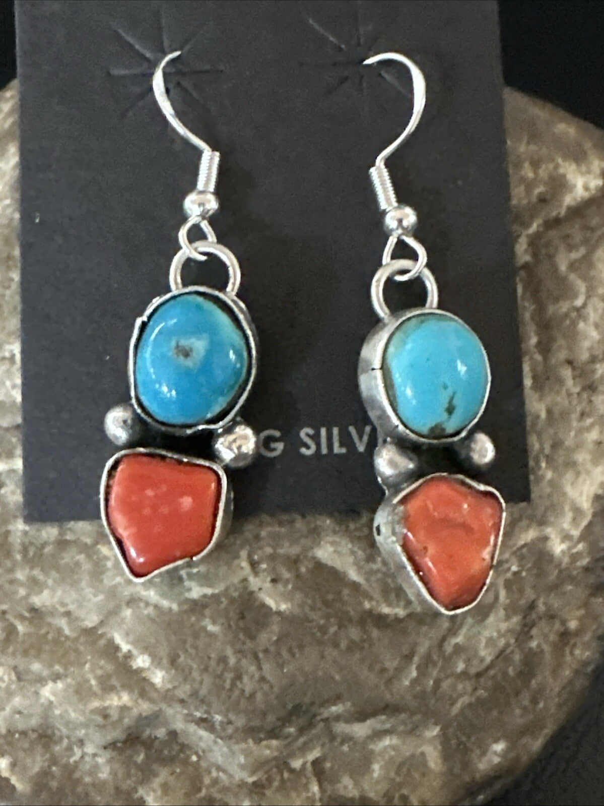 Blue Turquoise Red Coral Sterling Silver Navajo Dangle Earrings 18843
