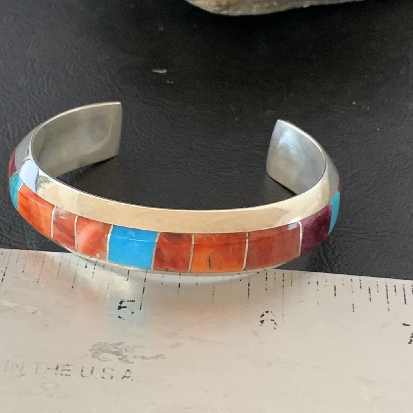 Mens Red Spiny & Turquoise Navajo Sterling Silver Inlay Bracelet 1647