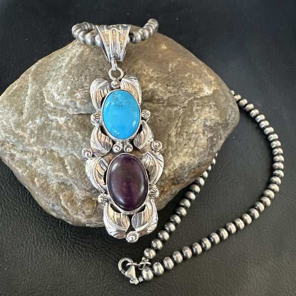 Blue Kingman Turquoise Purple Stone Pendant Navajo | Sterling Silver | Authentic Native American Handmade | 18038