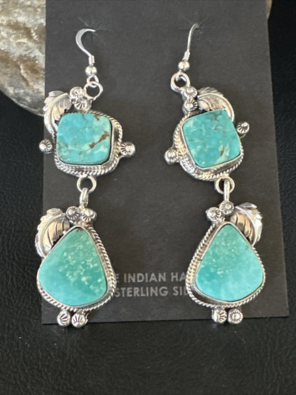 Blue Kingman Turquoise Navajo Sterling Silver Dangle Earrings 15525
