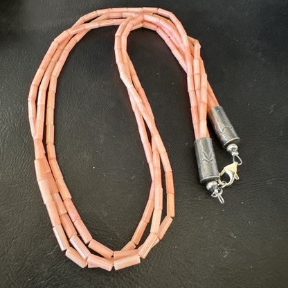 Native American Pink Coral Sterling Silver 3 Strand Necklace 21" 17817