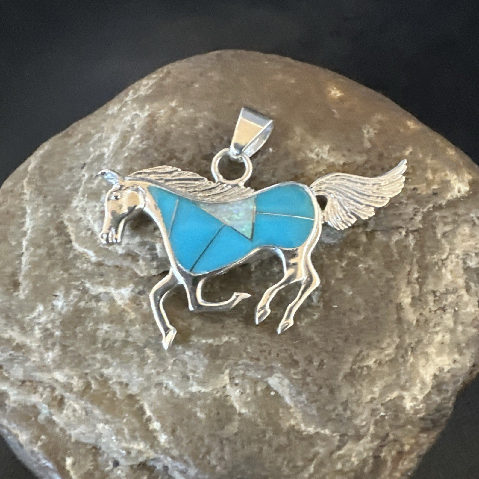 Horse Inlay Southwestern Cowboy Blue Turquoise Sterling Silver Pendant 2” 19160
