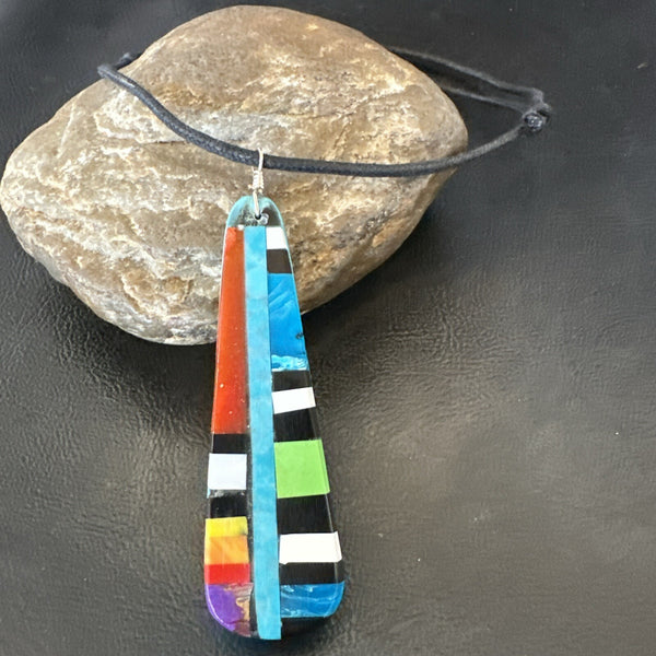Santo Domingo Turquoise Spiny Adjustable Old Necklace Inlay Pendant 3" | Authentic Native American Handmade | 18476