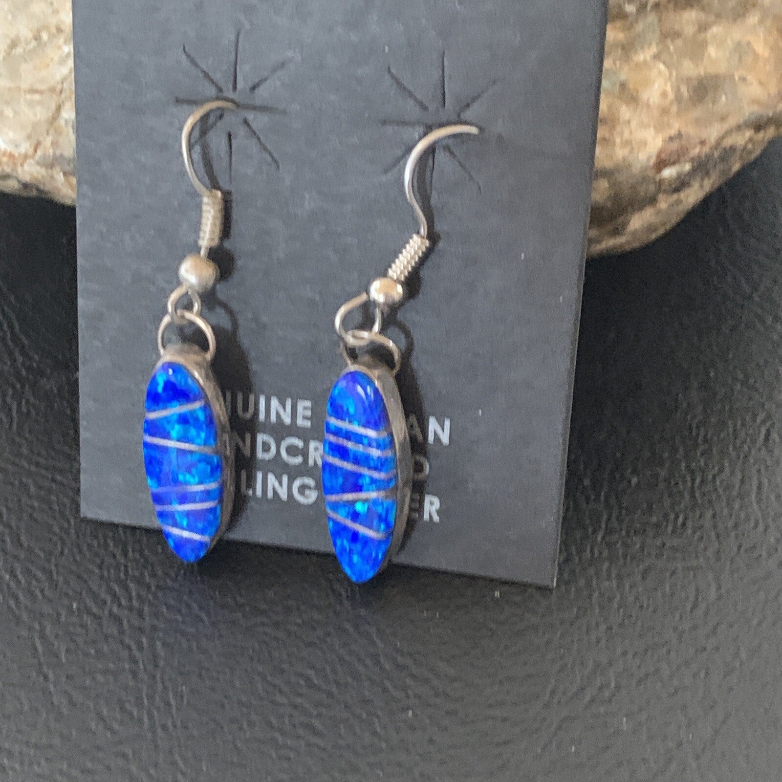 Womens Blue Opal Inlay Navajo Sterling Silver Dangle Earrings 12838
