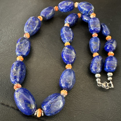 Blue Lapis Orange Spiny Chunky Southwestern Sterling Silver Necklace 20” 19258
