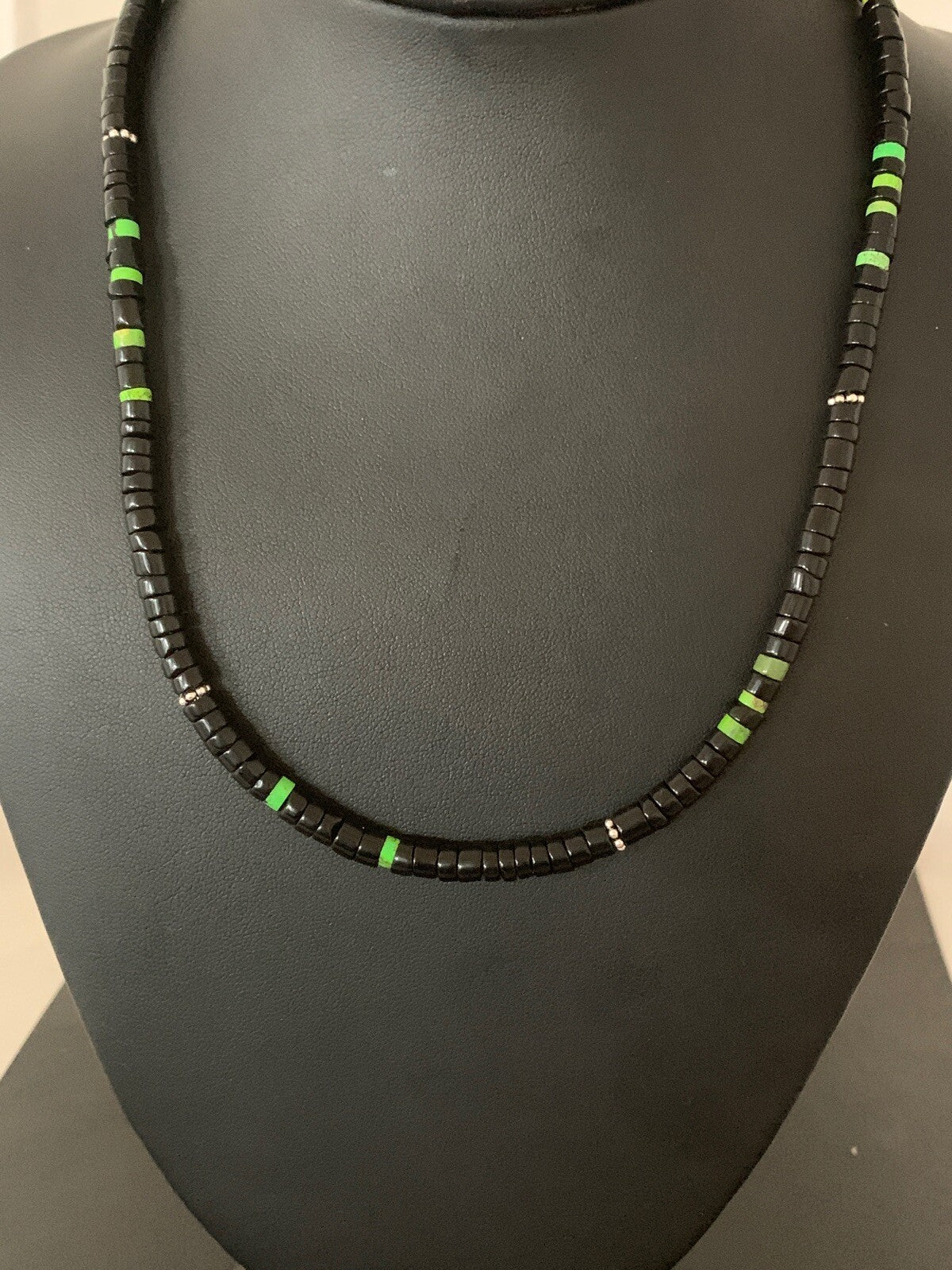 Native Green Turquoise & Onyx Heishi Navajo Sterling Silver Necklace 4687