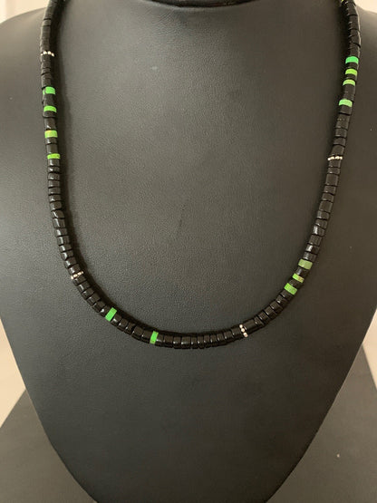 Native Green Turquoise & Onyx Heishi Navajo Sterling Silver Necklace 4687