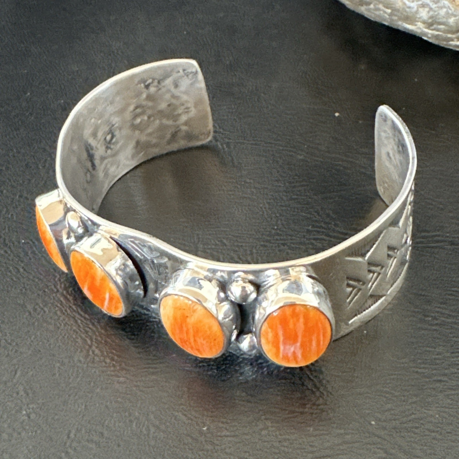 Orange Spiny Oyster 4 Stone Row Sterling Silver Navajo Cuff Bracelet 7.7" 19476