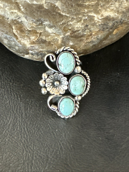 Yazzie Ring Blue Turquoise Navajo Sterling Silver Cluster Size 8.5 19226