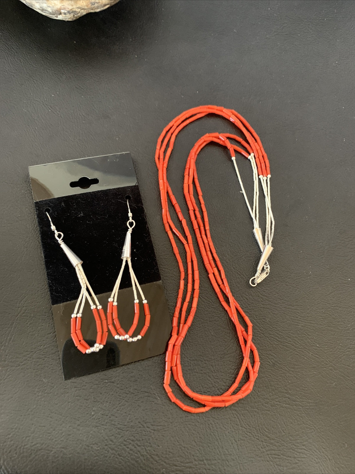 Natural Red Coral Heishi 3 Strands Sterling Silver Earrings & Necklace 20" 01218