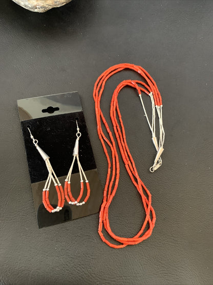 Natural Red Coral Heishi 3 Strands Sterling Silver Earrings & Necklace 20" 01218