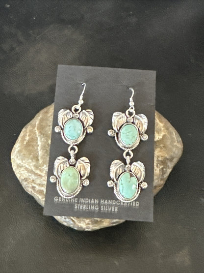 Native Navajo Blue Creek Turquoise Sterling Silver Dangle Earrings 2” 17918