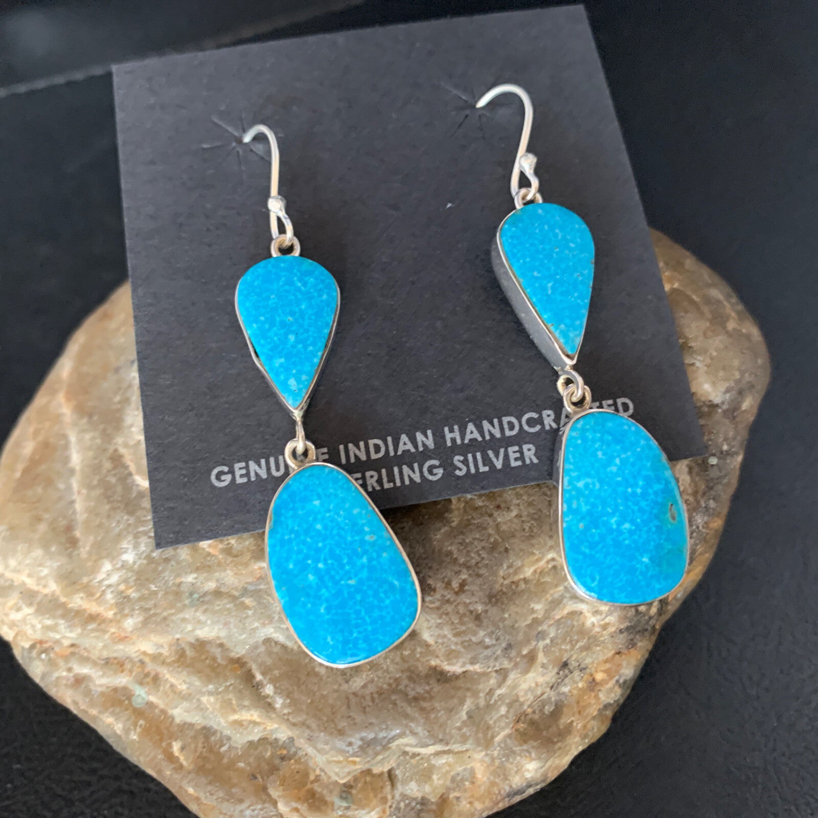 Kingman Turquoise Navajo Sterling Silver Dangle Earrings 1.5" 14014