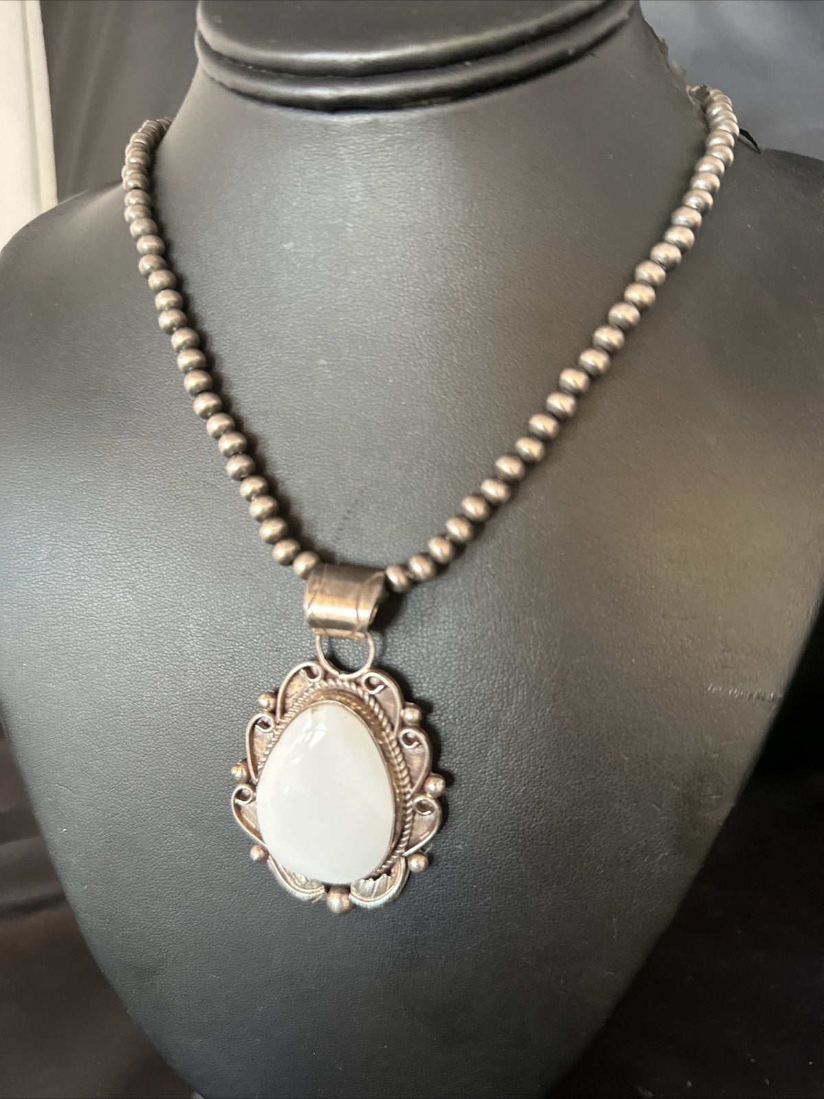Men White Buffalo Turquoise Pendant Sterling Silver Beads Necklace 14229