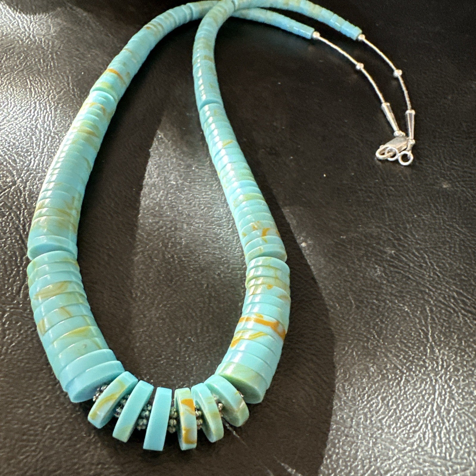 23” Turquoise Heishi Stabilized Graduated Blue Gr Sterling Silver Necklace 19726