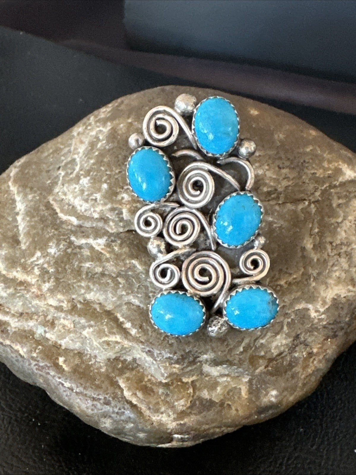 Navajo Blue Kingman Turquoise Ring MultiStone Cluster Sz 8 19801