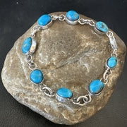 Blue Kingman Turquoise Navajo Link Bracelet 8" | Sterling Silver | Authentic Native American Handmade | 18301