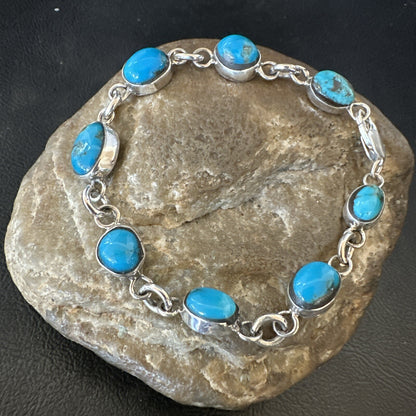 Blue Kingman Turquoise Navajo Sterling Silver Link Bracelet 8” 18301