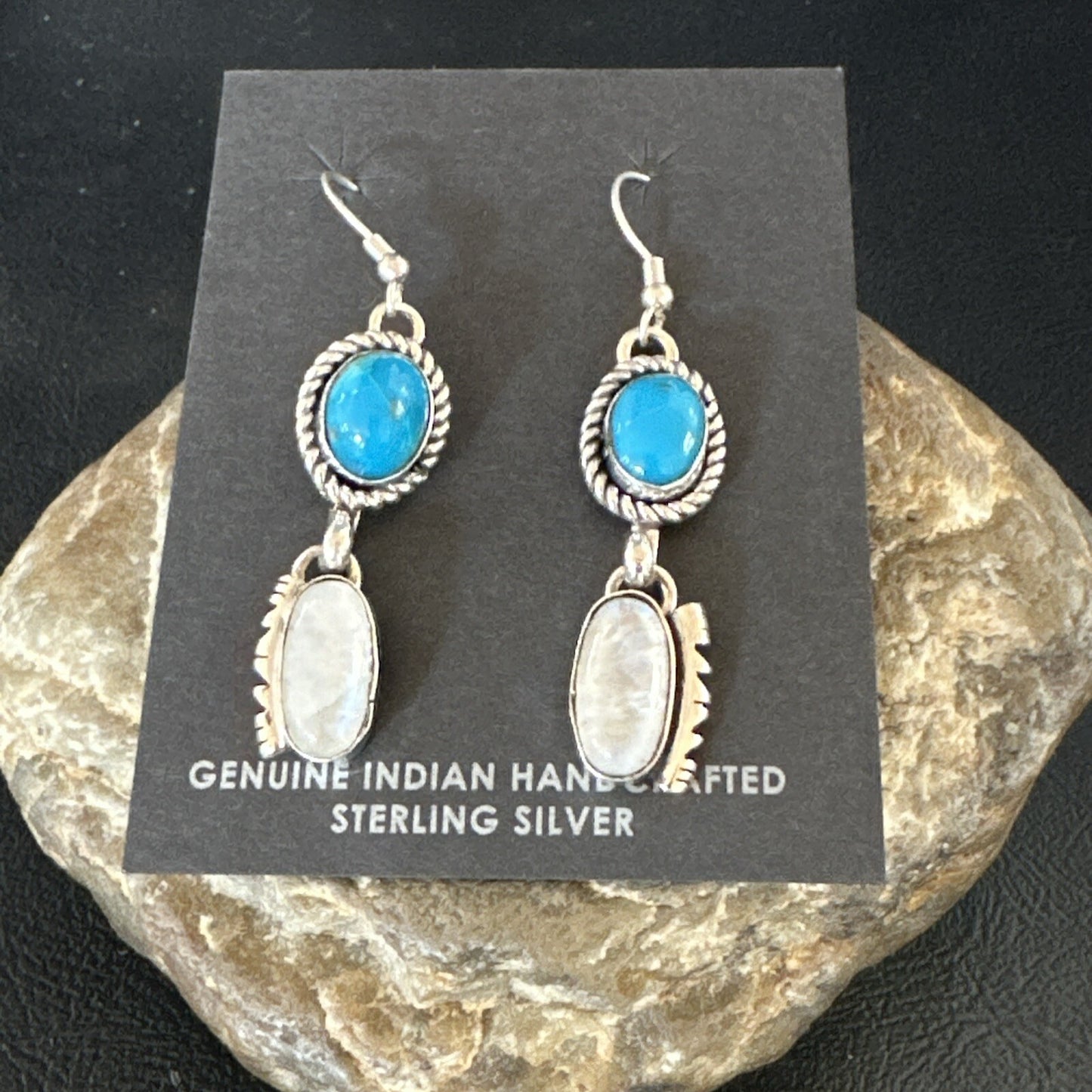 Navajo White MOP Blue Turquoise Sterling Silver Dangle Earrings 18185