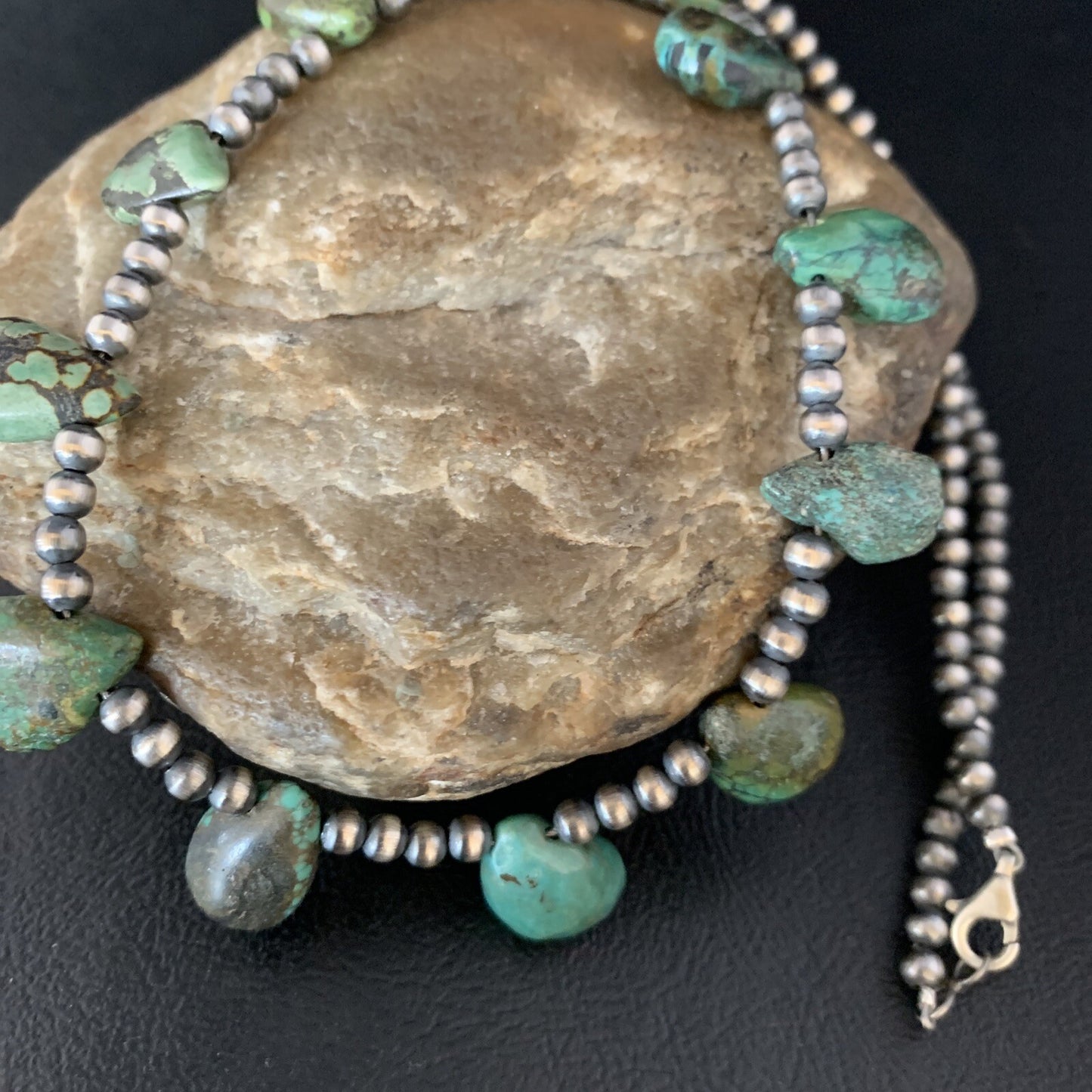 Green Turquoise Teardrop  Sterling Silver Beads Necklace 20" 13431