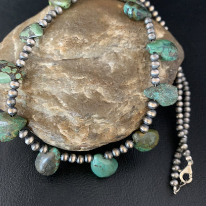 Green Turquoise Teardrop  Sterling Silver Beads Necklace 20" 13431