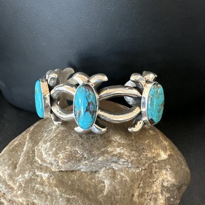 Tufa Cast Blue Turquoise 3 Stone Navajo Sterling Silver Cuff Bracelet 18572