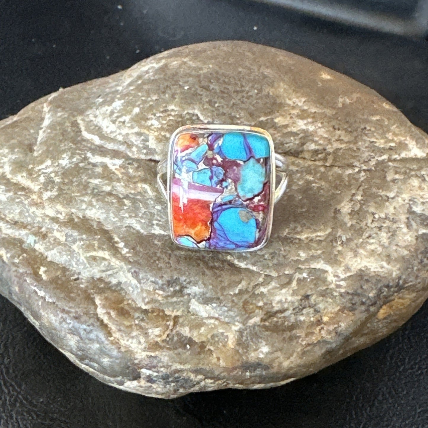 Blue Turquoise Spiny Oyster Southwestern Sterling Silver Ring Size 9 19061