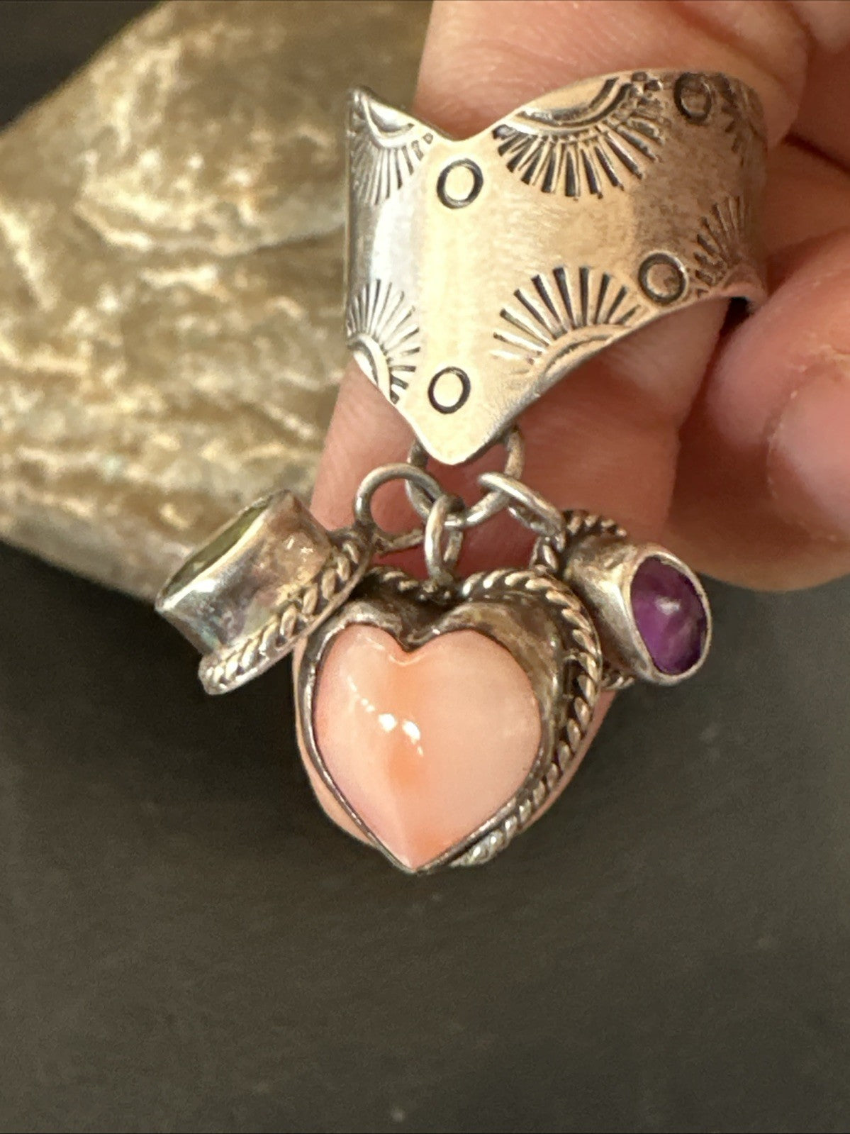 Heart Pink Conch Cluster Spiny Stamped Ring Adjustable Navajo Sz 7.5 19202