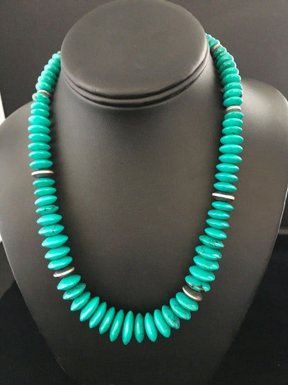 Navajo Teal Blue Turquoise Necklace Sterling Silver 18" Handmade 1730