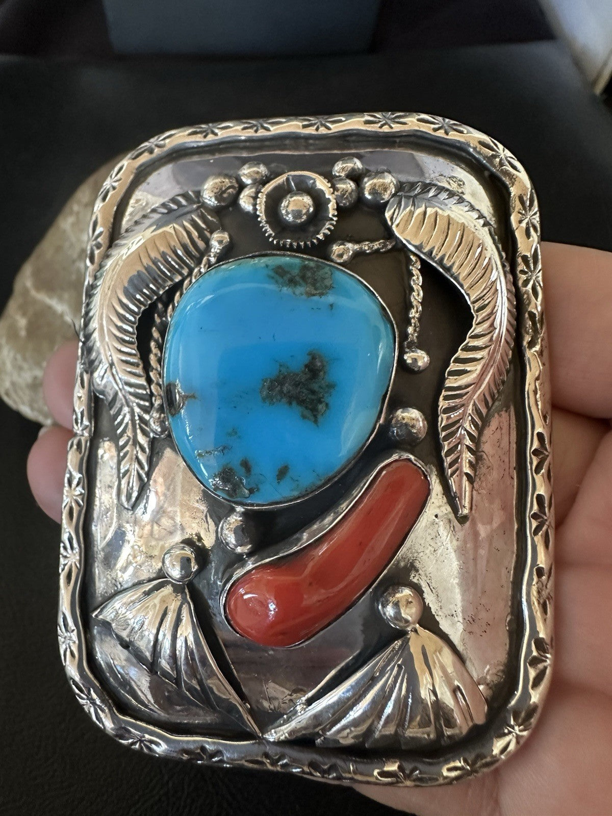 Mens Buckle Blue Turquoise Coral Navajo Sterling Silver Concho Belt 19489