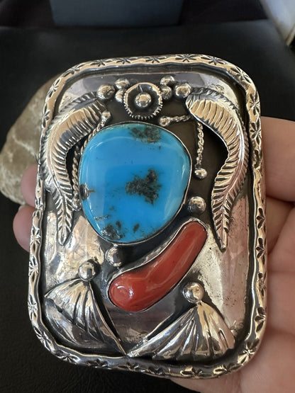 Mens Buckle Blue Turquoise Coral Navajo Sterling Silver Concho Belt 19489