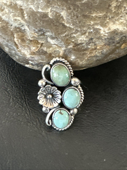 Yazzie Ring Green Turquoise Navajo Sterling Silver Cluster Size 8 19198